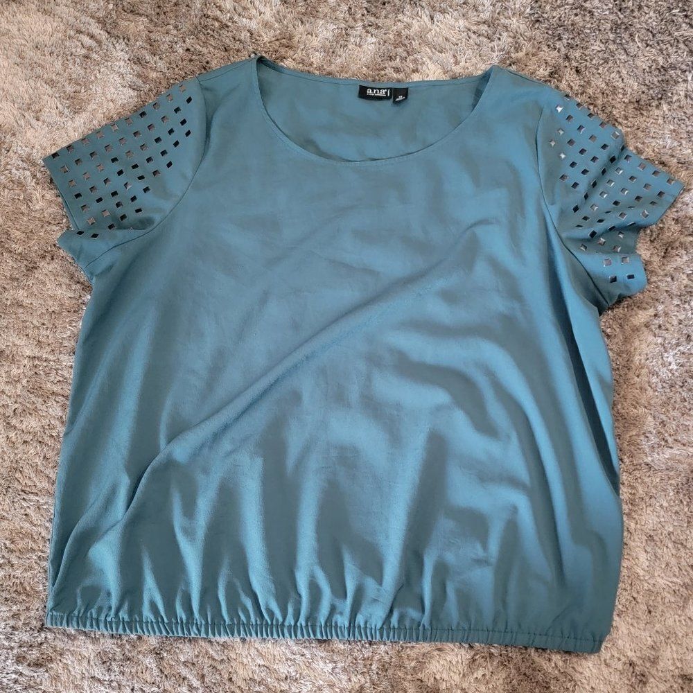 Women's a.n.a Teal Studded Blouse Banded Blouson Elastic Bottom Size 1X